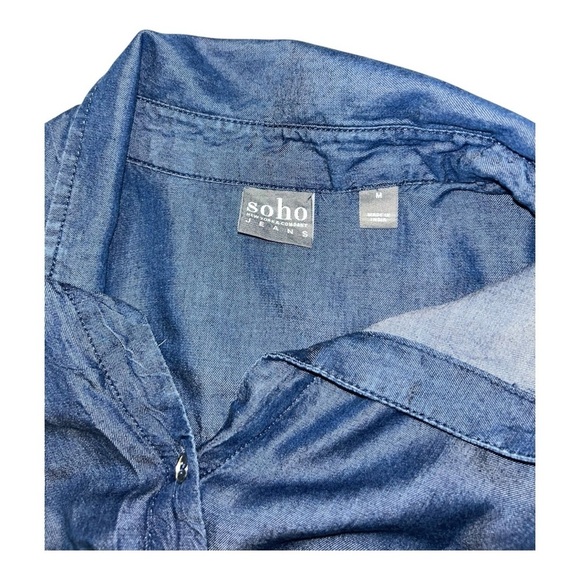 NEW YORK & COMPANY soho Blue Denim Button Knot Front Roll Tab Sleeve Shirt Sz M - Picture 6 of 12